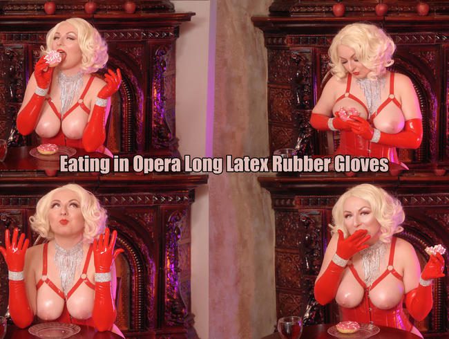 Sexy Glamour Pin Up Hot Blonde Eating in Opera Long Latex Rubber Gloves