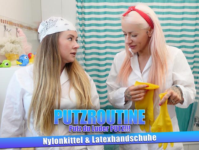 Putz du Luder PUTZ! im Kittel! Ich putze das Bad mit Isi in Nylonkittel und Latex Gummihandschuhen