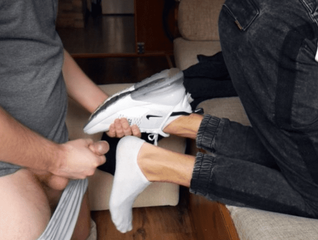 Sneaker lad feet, socks and shoe worship with footjob